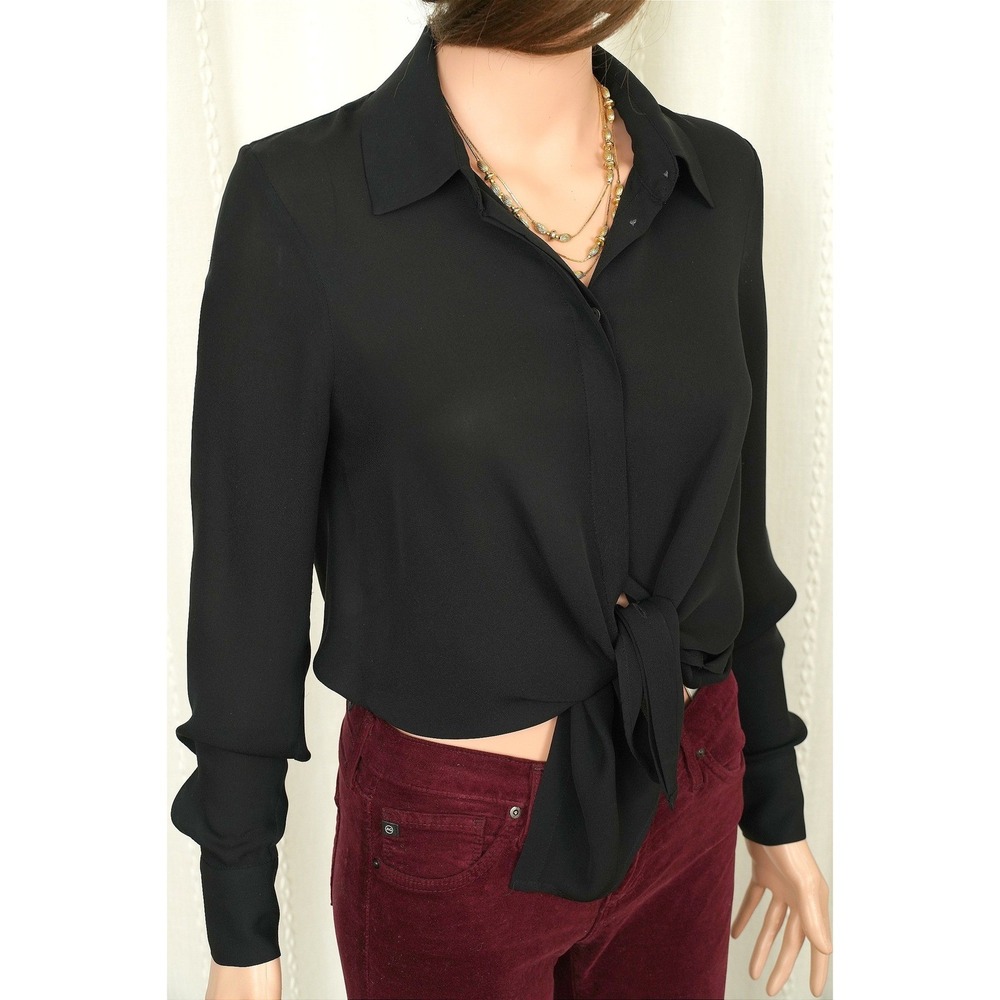 Haute Hippie Black 100% Silk Draped Open Back Tie Front Button Down Blouse XS - Picture 2 of 6